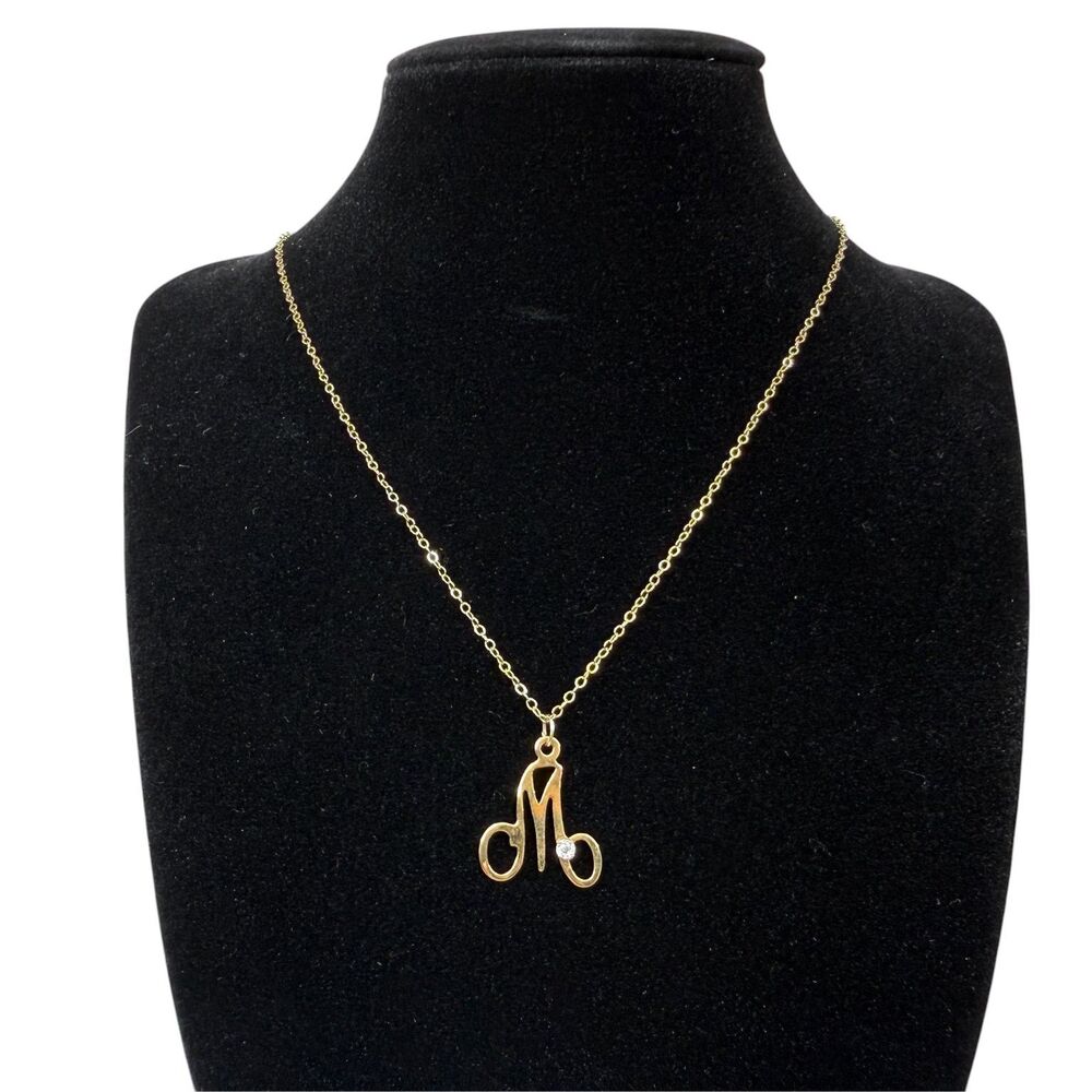Gold Tone Letter M Initial Dainty Pendant Necklace Clear Rhinestone Accent 15"